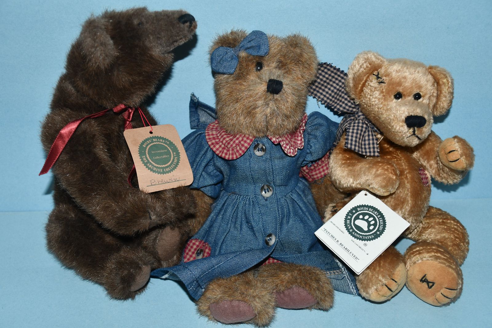 3 VINTAGE BOYD'S BEARS STUFFED ANIMALS ~ BREWIN BEAR, PATCHWORK BEAR & TEDDY with DRESS ~ CUTE & CLEAN!
