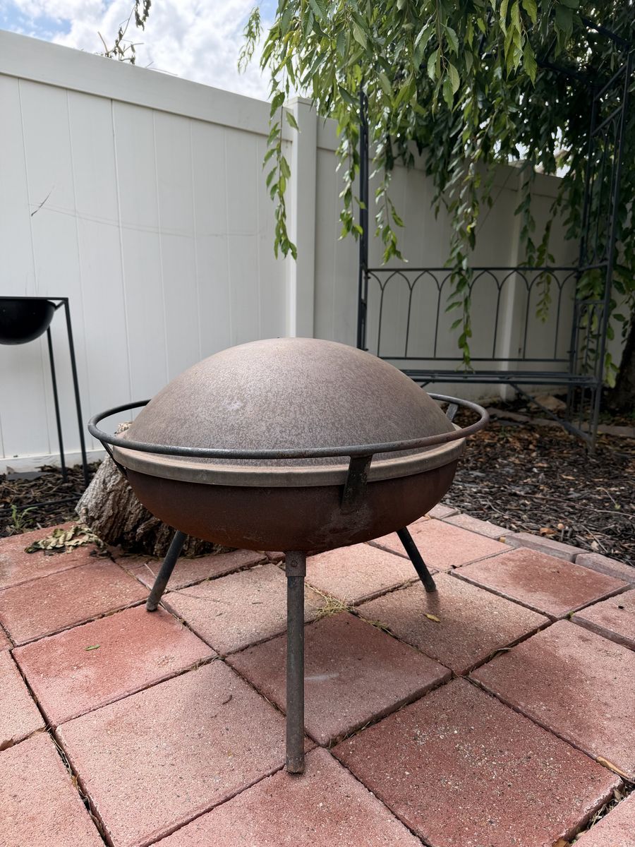 Outdoor Metal Fire Pit Bowl with Lid and firewood