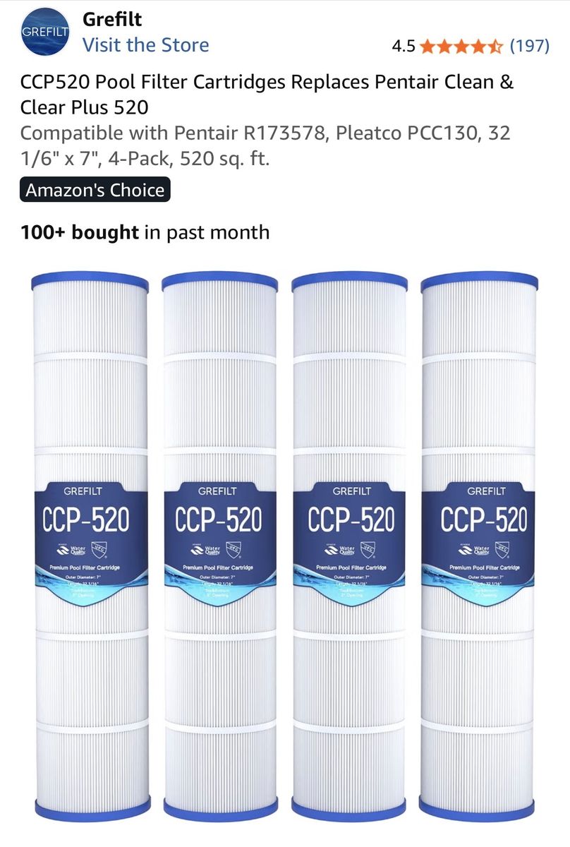 Pentair Clean & Clear Plus 520 pool filters.  CCP520 Pool Filter Cartridges 4-Pack