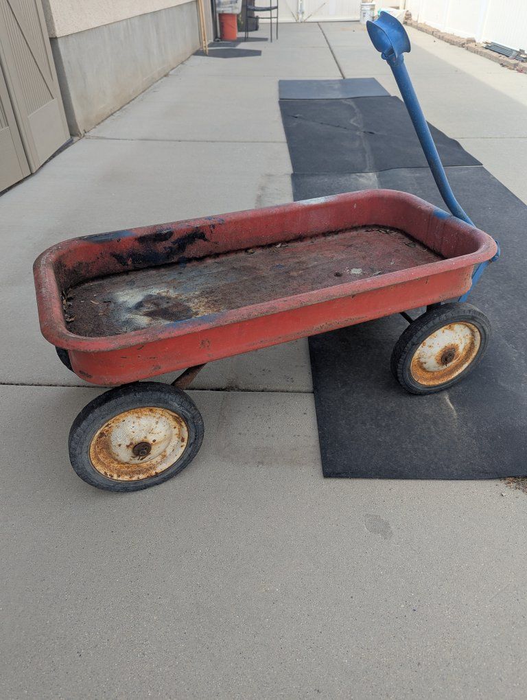 Vintage Metal Red Wagon with Blue Handle - Classic Garden Cart/Toy Wagon