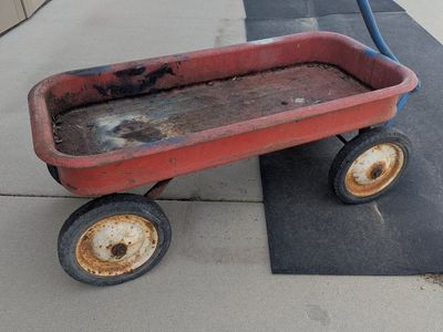 Vintage Metal Red Wagon with Blue Handle - Classic Garden Cart/Toy Wagon
