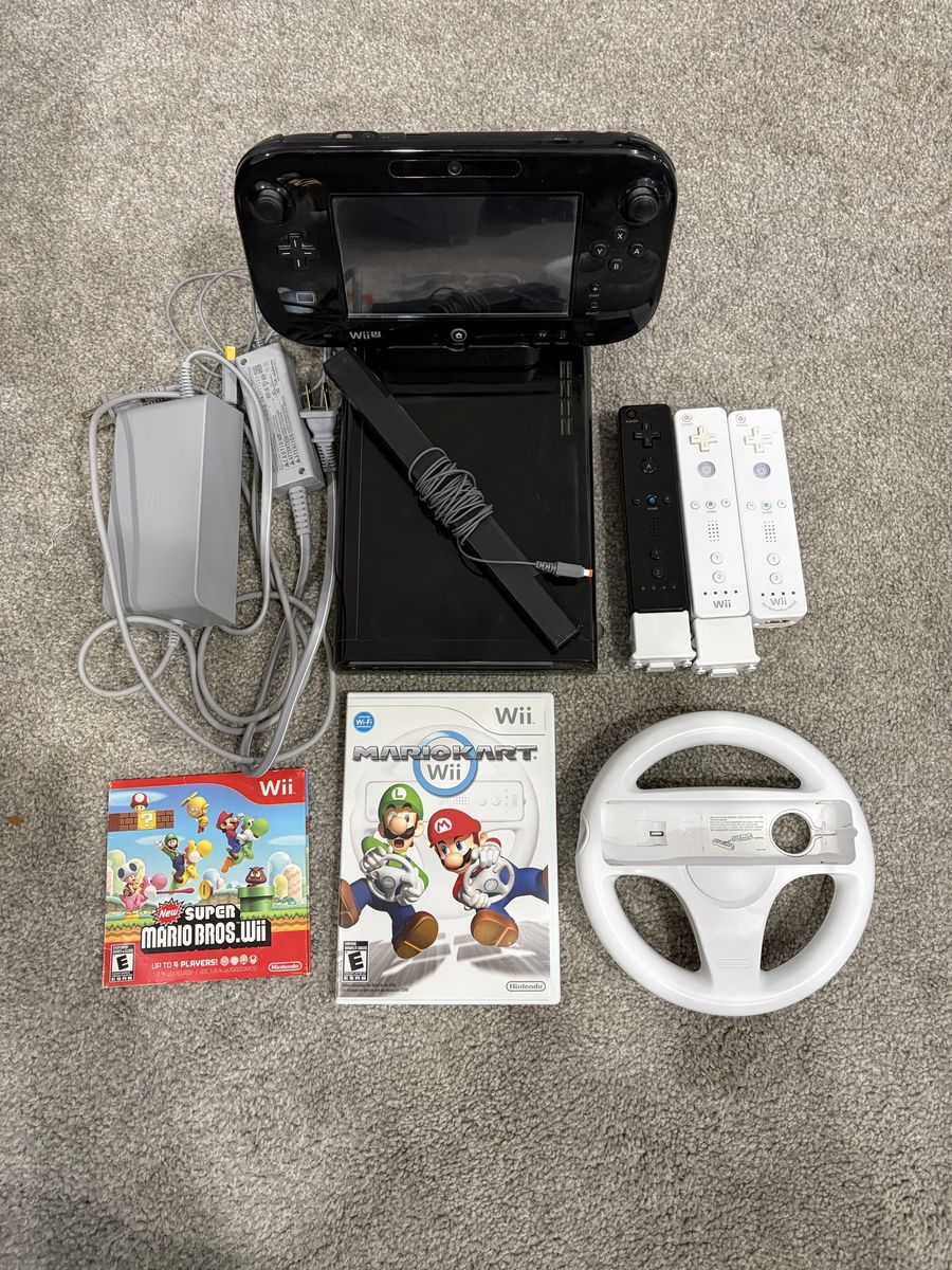 Nintendo Wii U 32GB Black Console Bundle with 3 Wii Remotes Mario Kart Wii & New Super Mario Bros. Wii - Great Condition