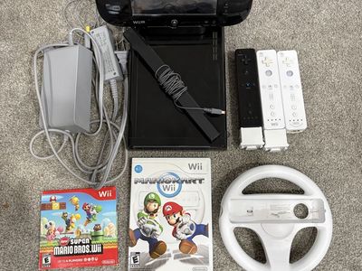 Nintendo Wii U 32GB Black Console Bundle with 3 Wii Remotes Mario Kart Wii & New Super Mario Bros. Wii - Great Condition
