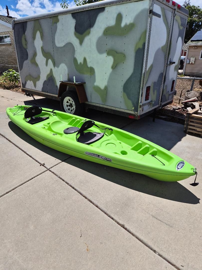 Pelican Rustler 130T Tandem Kayak with 2 Paddles Bright Green Sit-On-Top Kayak - Lightweight, w/ Storage