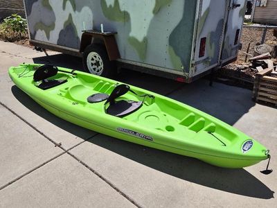 Pelican Rustler 130T Tandem Kayak with 2 Paddles Bright Green Sit-On-Top Kayak - Lightweight, w/ Storage
