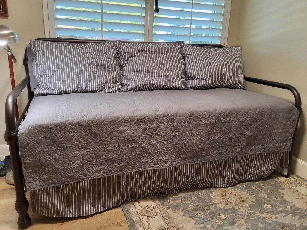 Daybed Frame with Quilted Cover & Skirt - Metal, Dark Bronze Finish, Includes Slats
