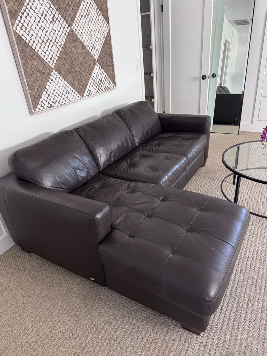 Italsofa Brown Leather Sectional Couch with Ottoman - Tufted Seating