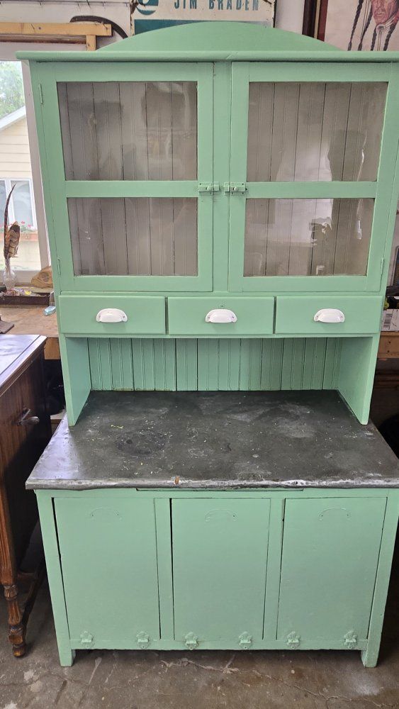 Vintage Green Hoosier Cabinet with Metal Countertop and Glass Doors