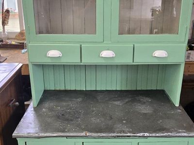 Vintage Green Hoosier Cabinet with Metal Countertop and Glass Doors