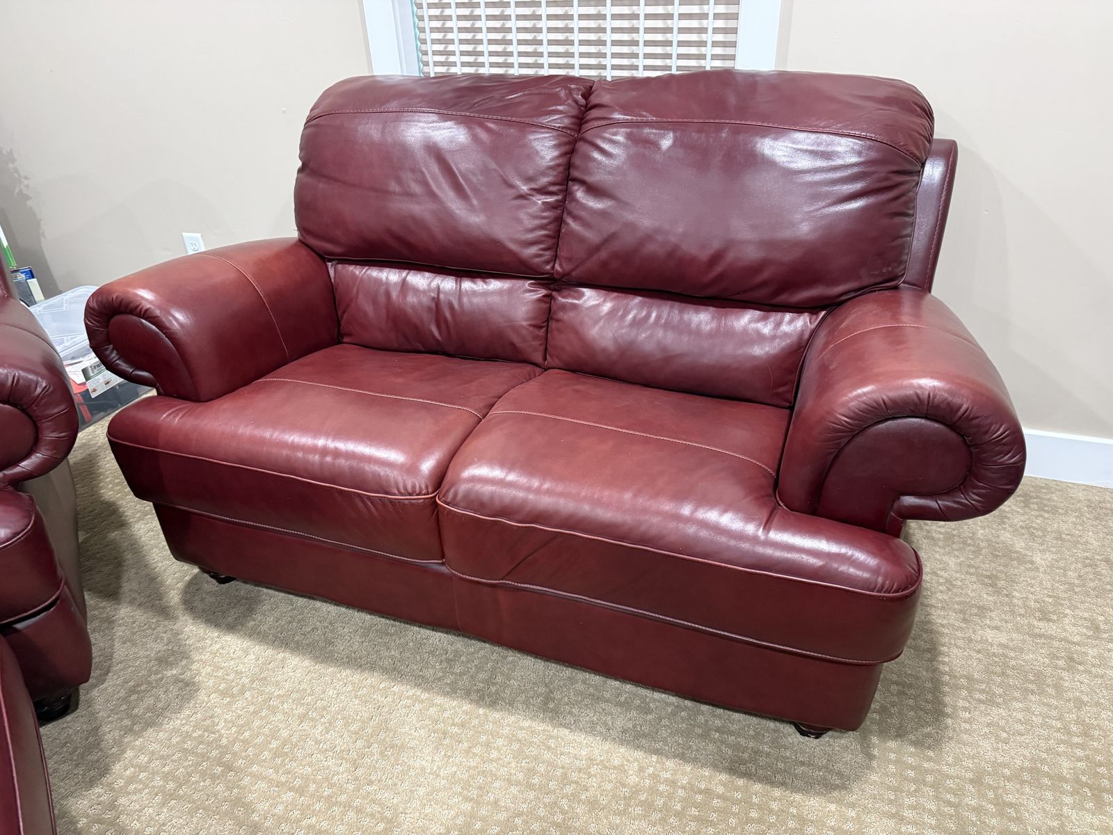 Maroon Leather Living Room Set - Sofa, Loveseat, Chair & Ottoman