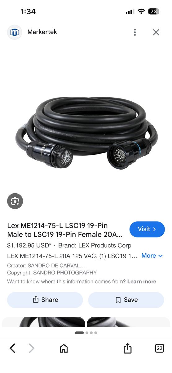 Lex ME1214-75-L 19-Pin Multi-Conductor Extension, 75ft