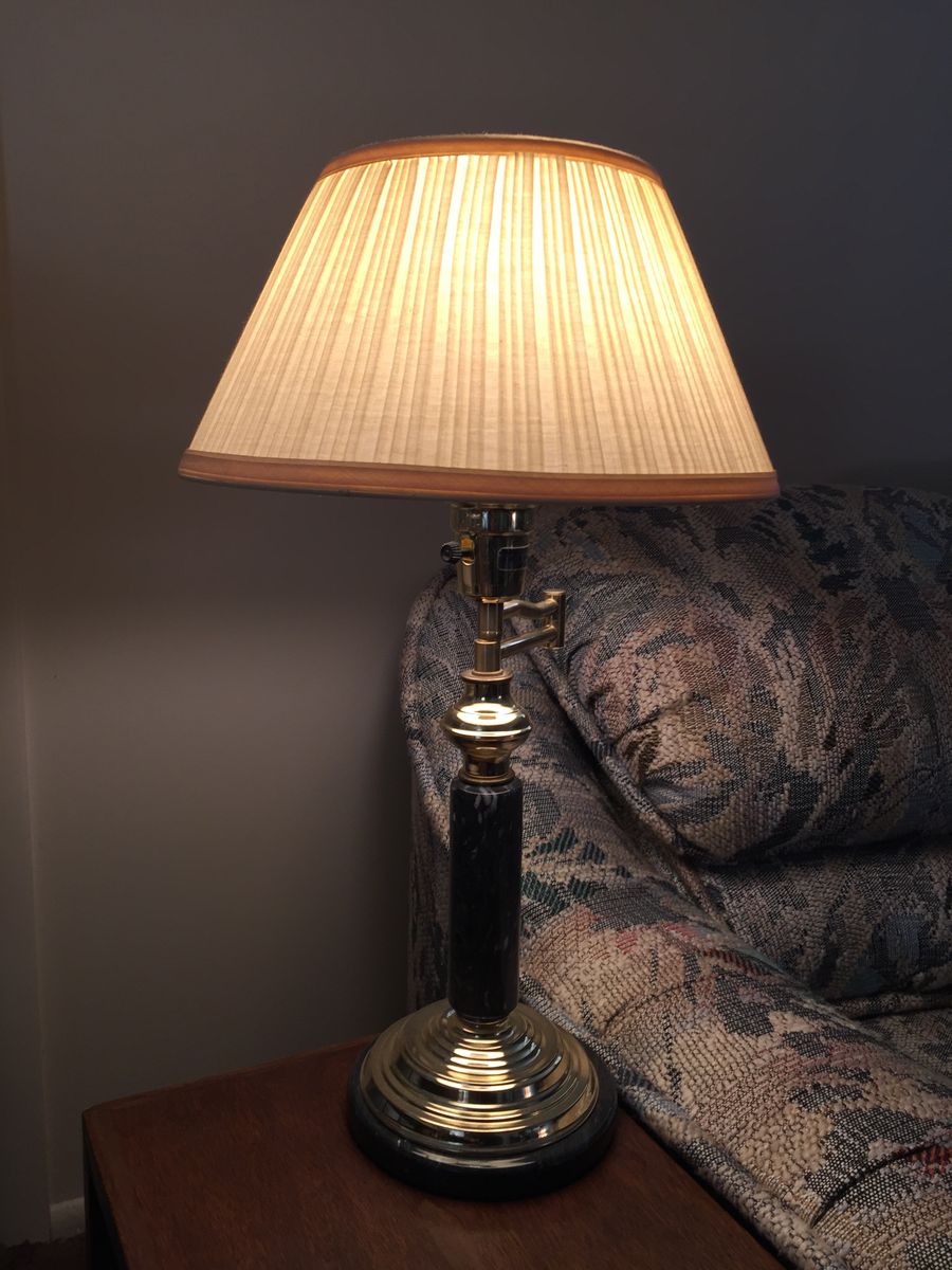 Brass & Black Marble Swing Arm Table Lamp with Pleated Shade