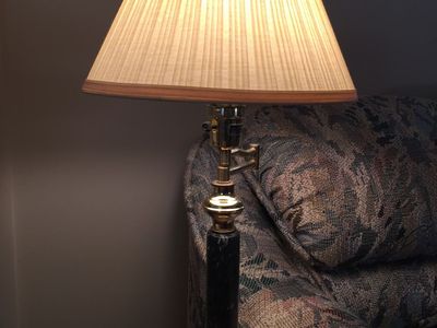 Brass & Black Marble Swing Arm Table Lamp with Pleated Shade
