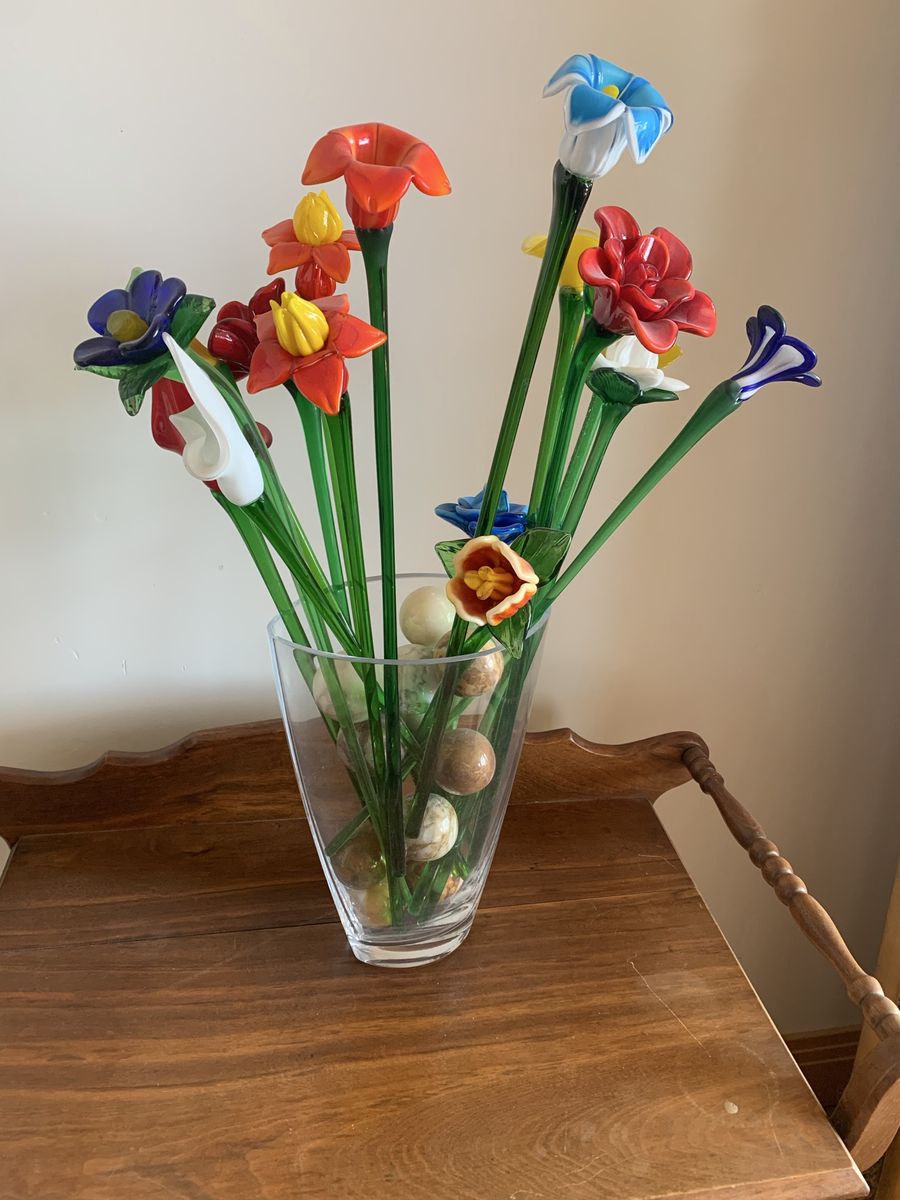 Vibrant Assorted Blown Glass Flower Bouquet with Clear Glass Vase & Decorative Spheres
