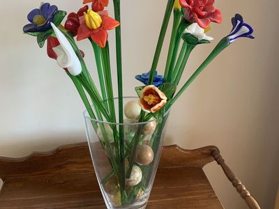 Vibrant Assorted Blown Glass Flower Bouquet with Clear Glass Vase & Decorative Spheres