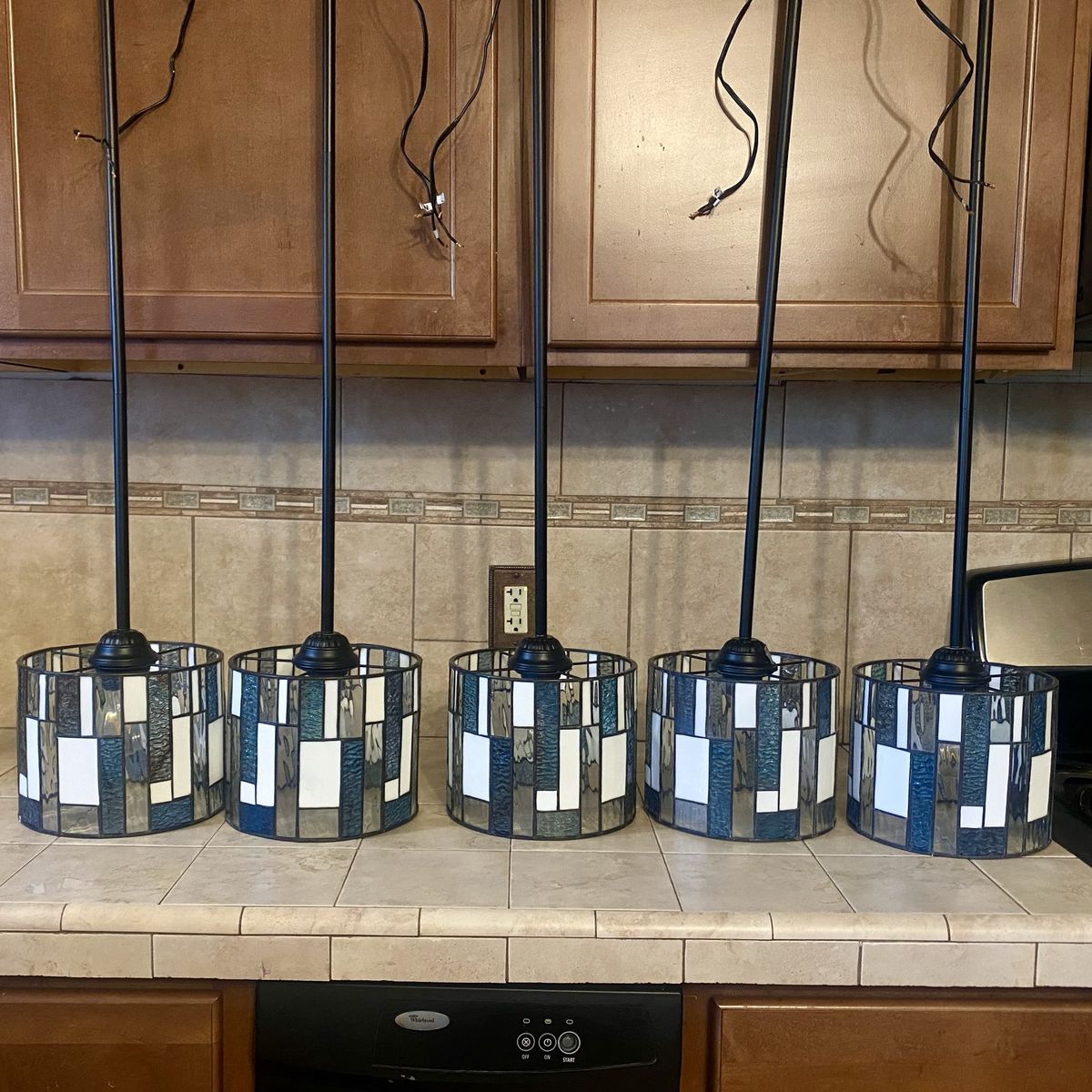Set of 5 Artzone Tiffany Blue Stained Glass Pendant Lights - Wired Fixtures