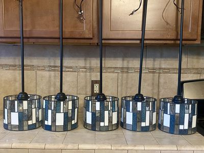 Set of 5 Artzone Tiffany Blue Stained Glass Pendant Lights - Wired Fixtures