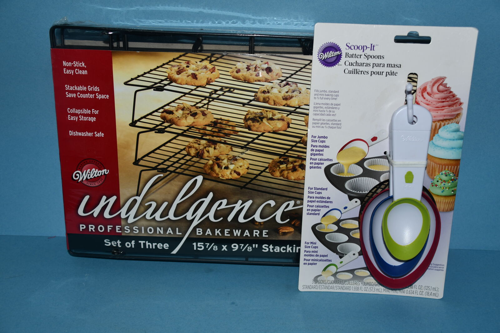 NEW, SEALED SET of 3 WILTON STACKING COOLING RACKS + NEW WILTON SET of 3 "BATTER" SCOOPS