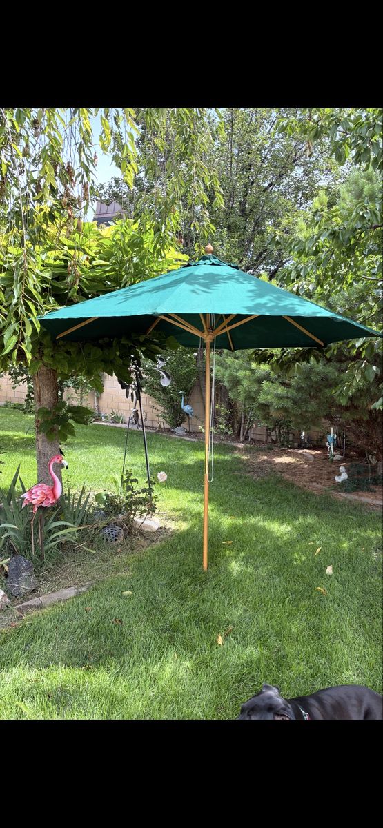 7 ft. Forest Green Market Umbrella/ 8 wooden ribs, rope pulley style.