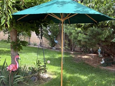 7 ft. Forest Green Market Umbrella/ 8 wooden ribs, rope pulley style.