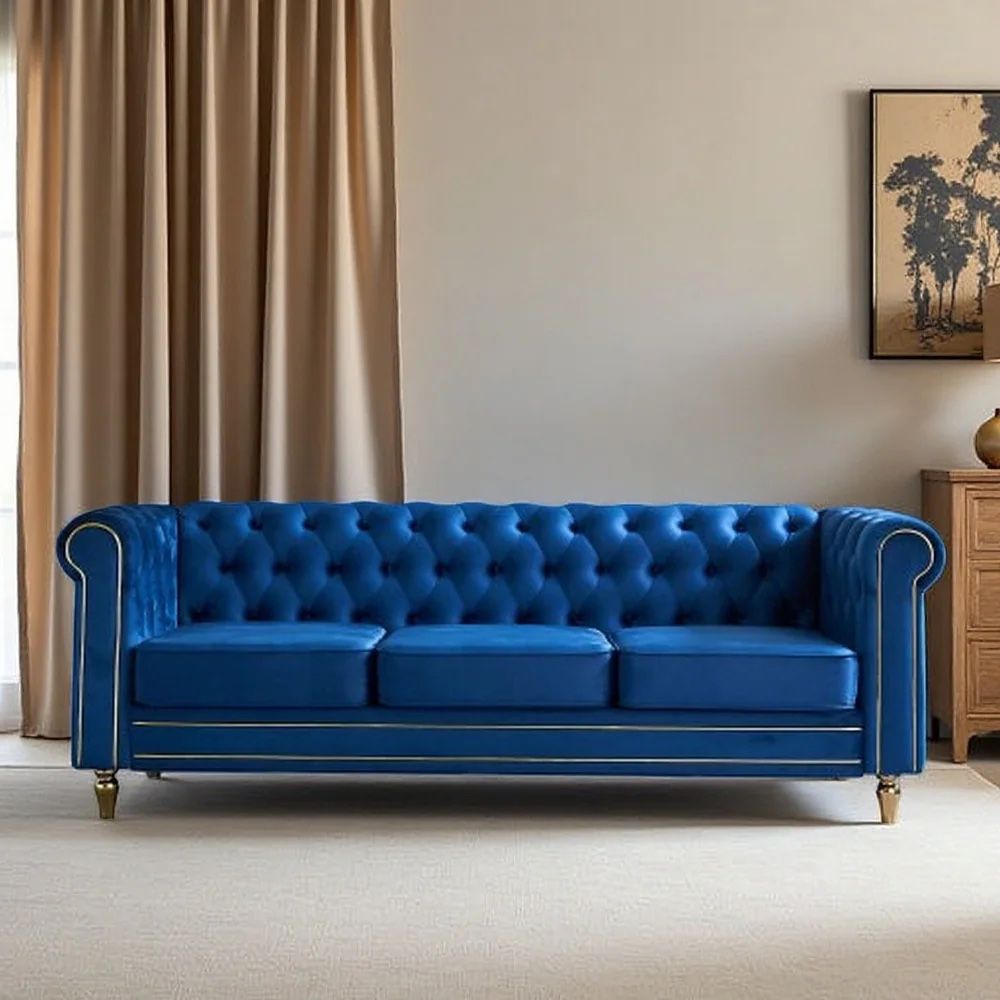 84.65” Chesterfield Velvet Sofa – Blue & Gold Trim – Tufted Rolled‑Arm Design – Brand New