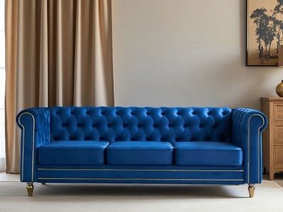84.65” Chesterfield Velvet Sofa – Blue & Gold Trim – Tufted Rolled‑Arm Design – Brand New