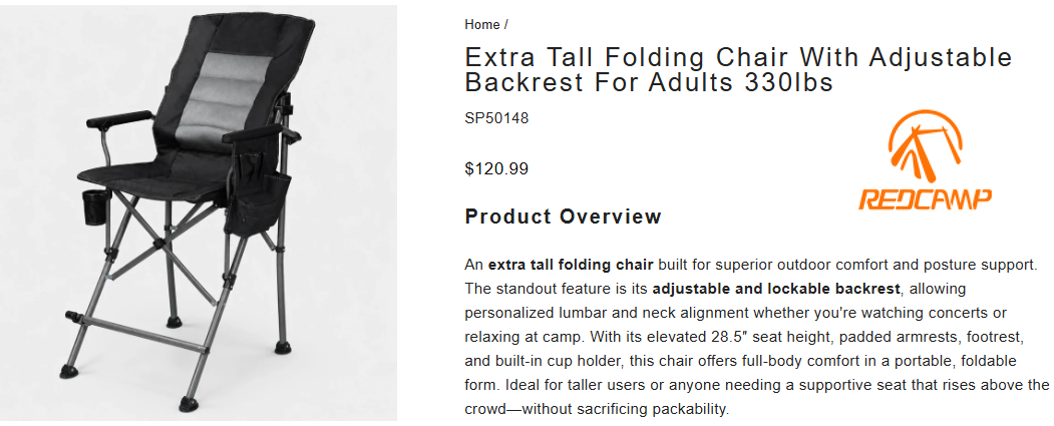 New Redcamp Extra Tall Folding Camp Chair with Adjustable Backrest 330lbs