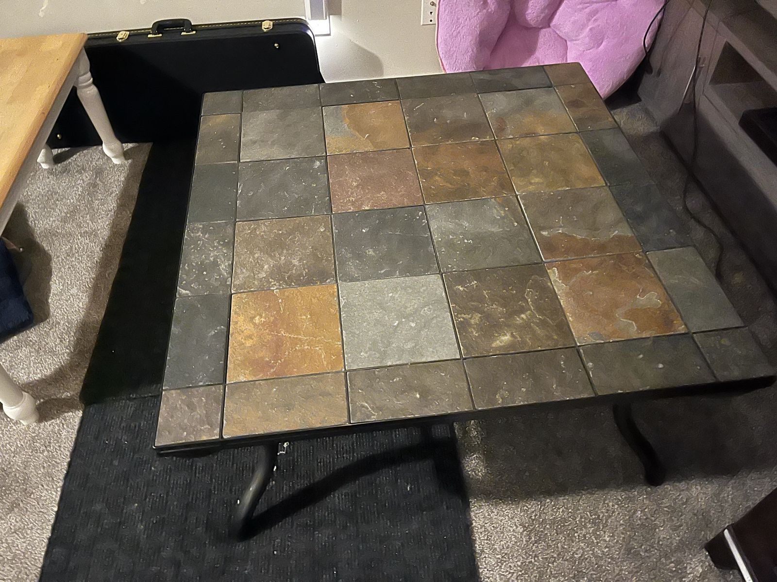 Square Slate Tile Coffee Table with Wrought Iron Base