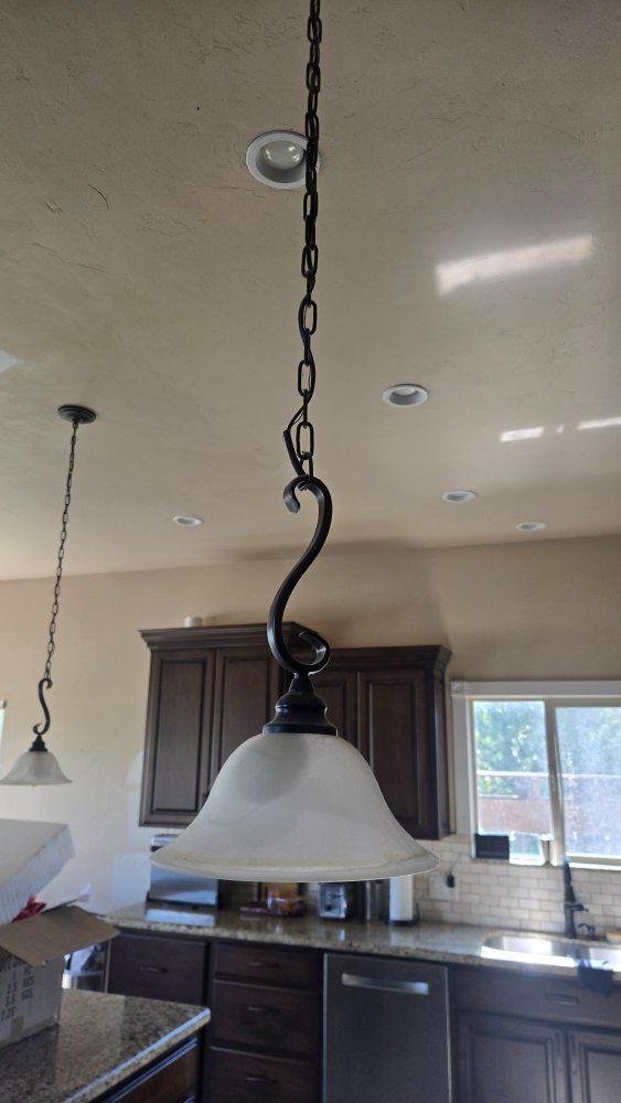 Traditional Bronze Hanging Pendant Light Fixture with Frosted Glass Shade, set of 2