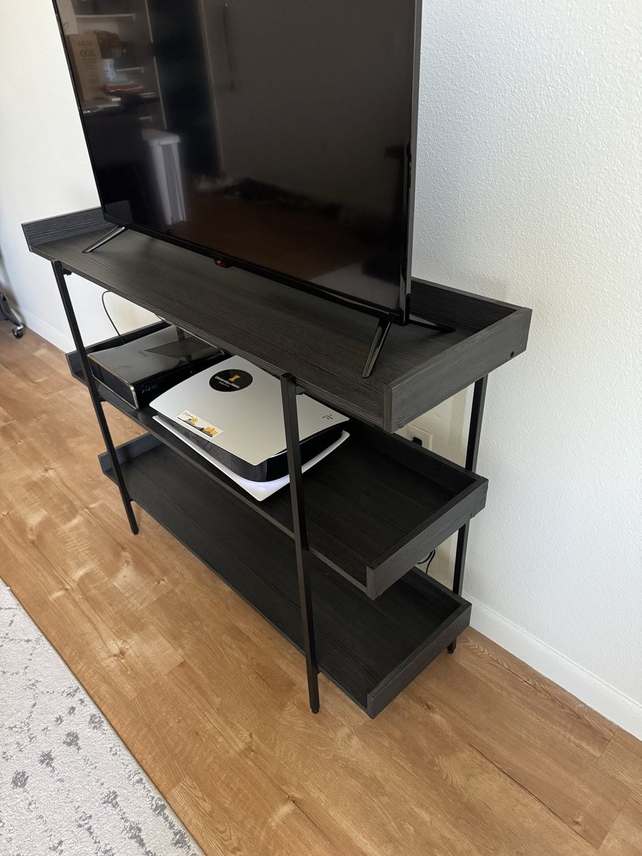 Minimalist Black Metal & Wood Media Console TV Stand with 3 Shelves