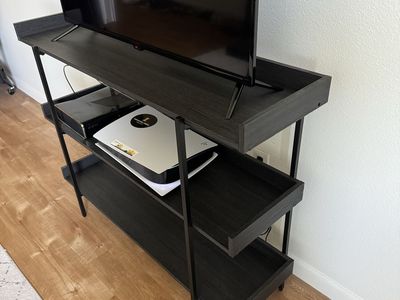 Minimalist Black Metal & Wood Media Console TV Stand with 3 Shelves
