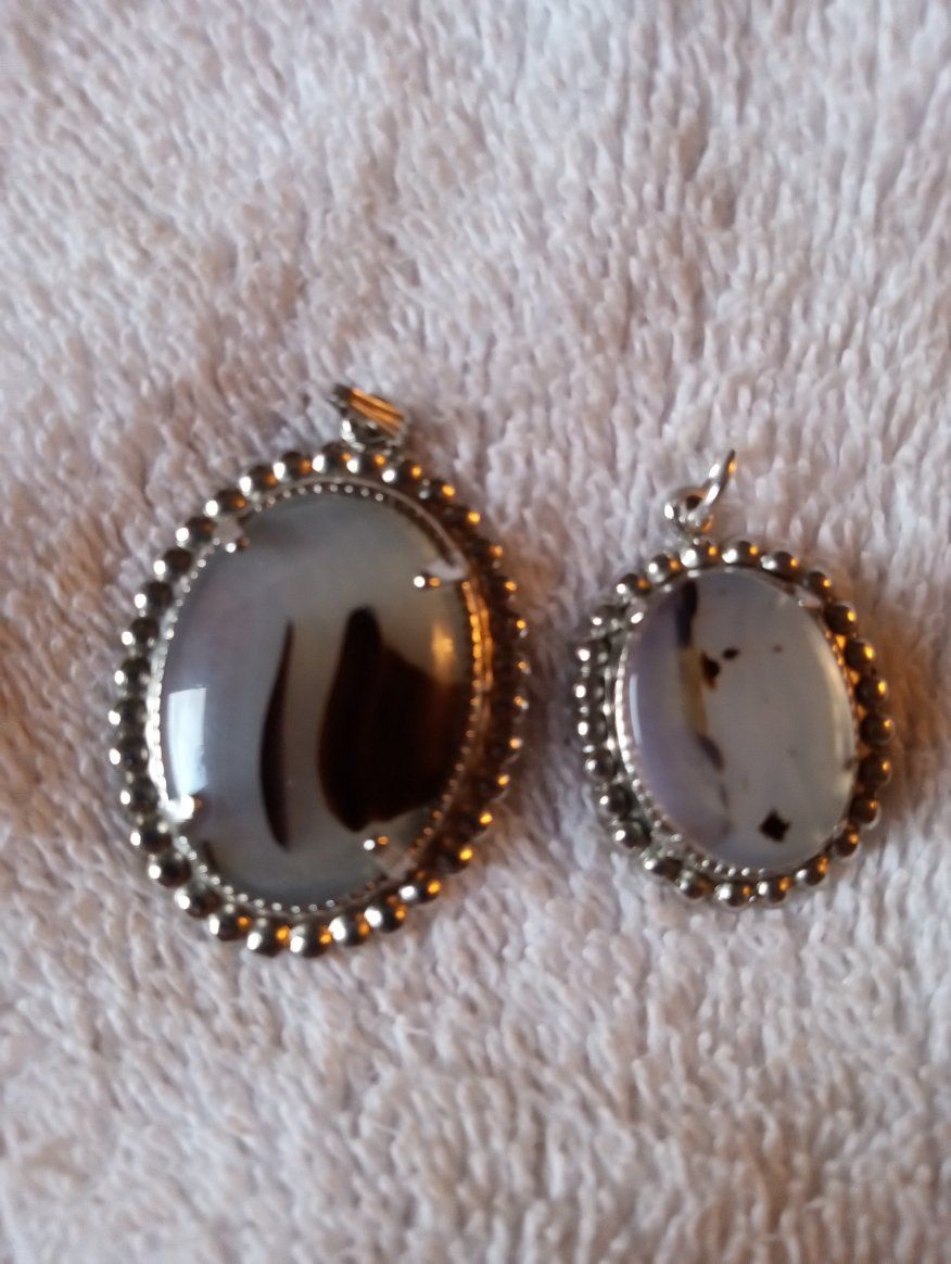 Two Oval Cabochon Pendants - Polished Stone with Beaded Silver-Tone Setting, Large & Small