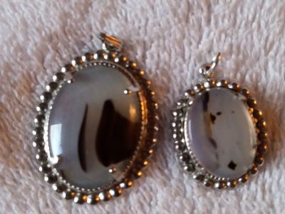 Two Oval Cabochon Pendants - Polished Stone with Beaded Silver-Tone Setting, Large & Small