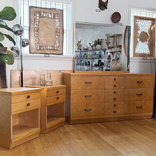 Midcentury 1950s Birdseye Maple Dresser and Two Nightstands