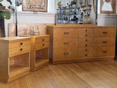 Midcentury 1950s Birdseye Maple Dresser and Two Nightstands