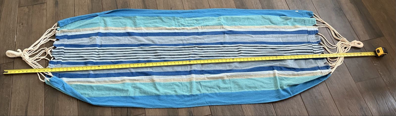 Blue Striped Fabric Hammock with Rope Loop Ends