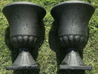 2 Black Resin Winston Urn Planters, Lightweight Pedestal Design, Garden Patio Decor 21"Tx16"