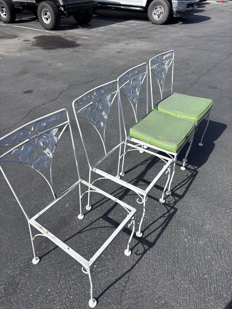 Vintage White Wrought Iron Patio Dining Chairs with Green Cushions - Set of 4