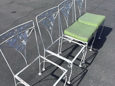Vintage White Wrought Iron Patio Dining Chairs with Green Cushions - Set of 4