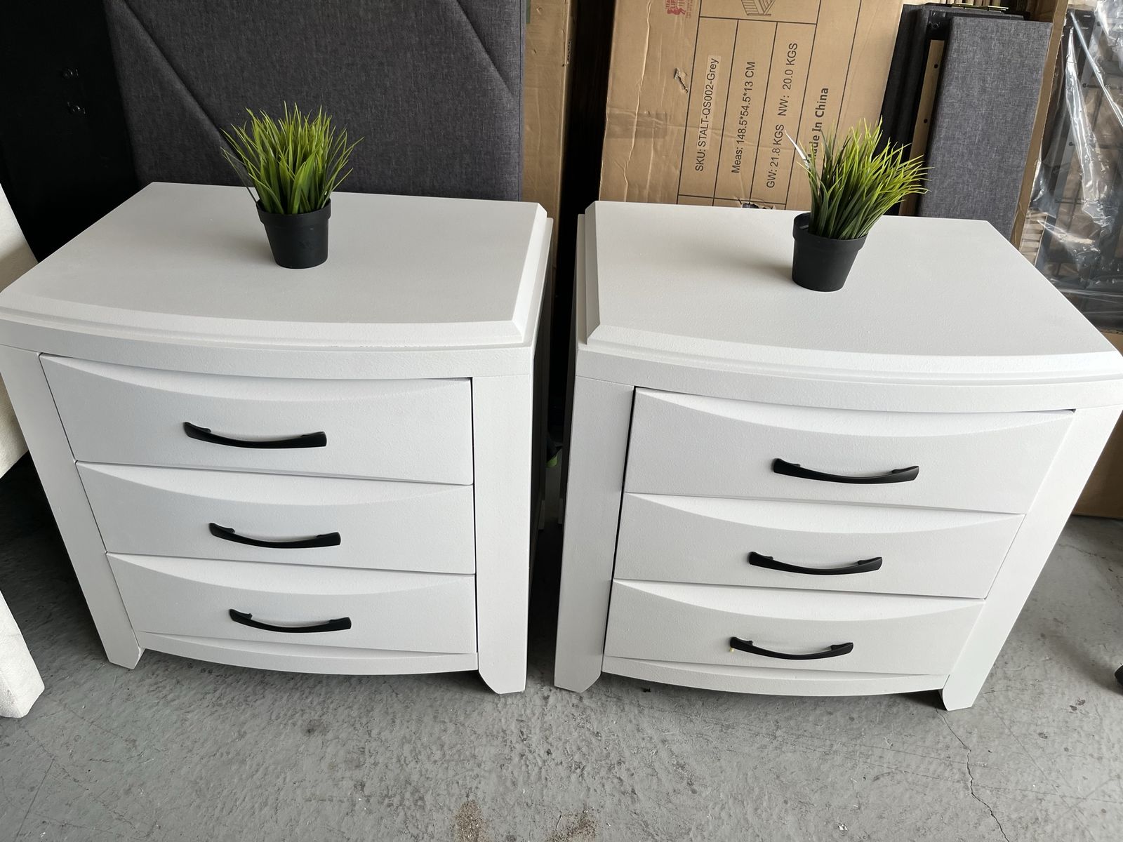 Pair of White 3-Drawer Nightstands with Black Handles