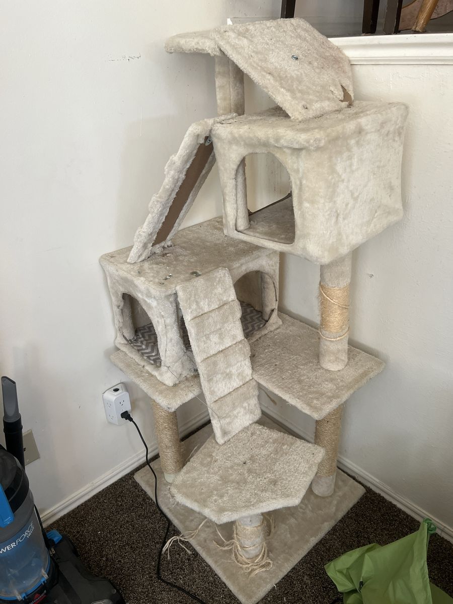 Used Multi-Level Cat Tree Tower with Scratching Posts and Condos - Beige