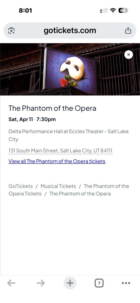 Phantom Of The Opera 2 Tickets April 11 SLC