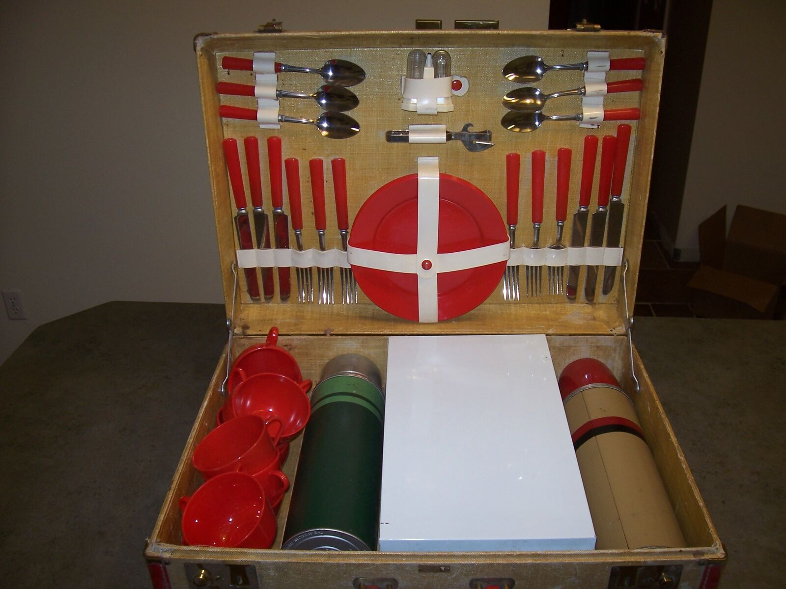 Vintage 1950s travel picnic suitcase set Bakelite red with Thermos and corks