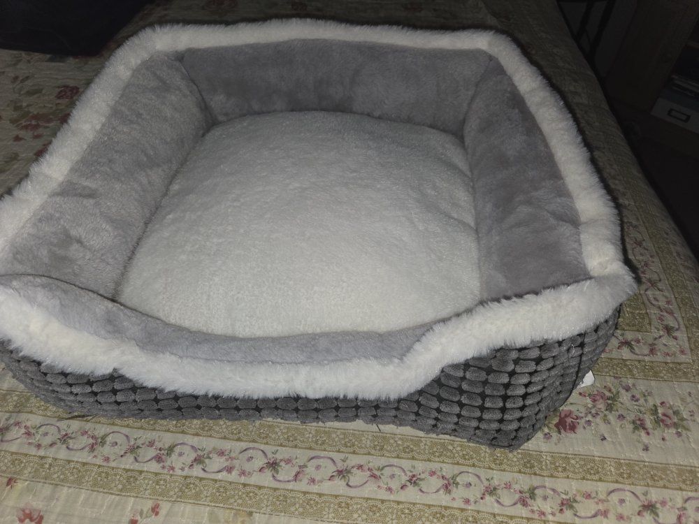 Plush Gray and White Bolster Pet Bed