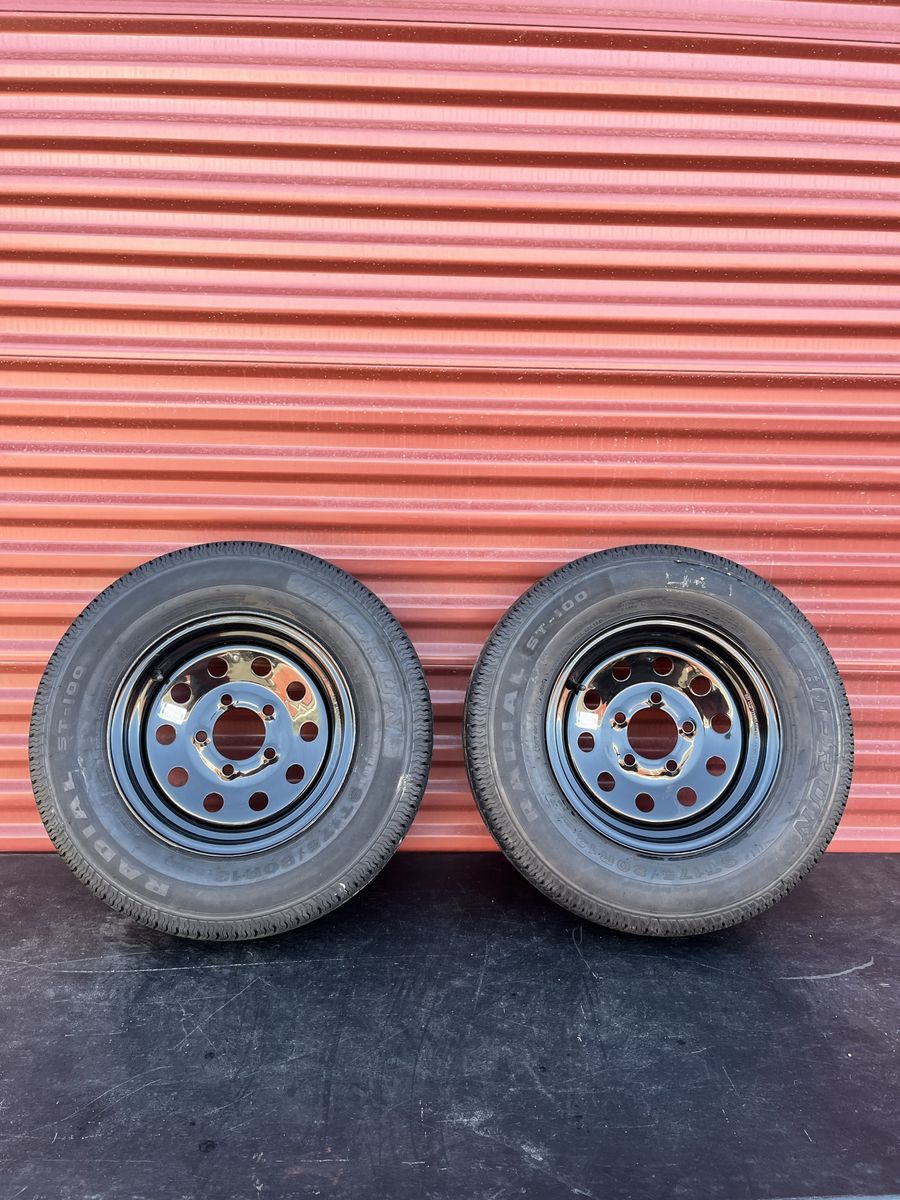 New Set of 2 Hi Run ST 175/80 R 13 Trailer Tires Mounted on New Black Mod Wheels 5 on 4.5
