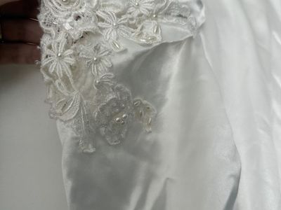 Vintage Satin Long Sleeve Wedding Dress with Lace, Beading & Back Bow