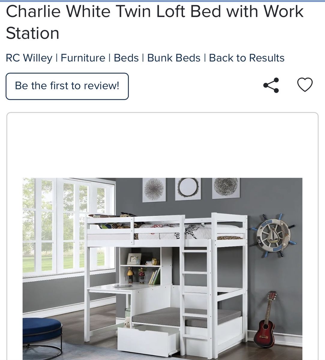 RC Willey Charlie Twin Loft Bed with Workstation - White or Gray Finish