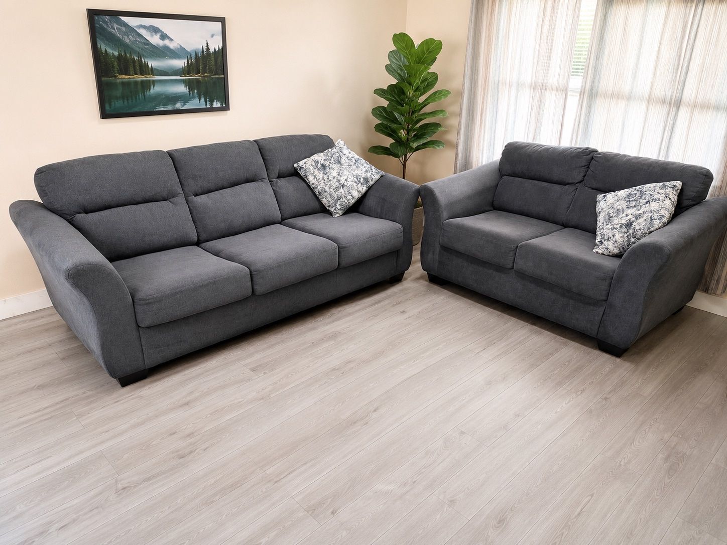 Comfortable Gray Fabric Sofa and Loveseat Set