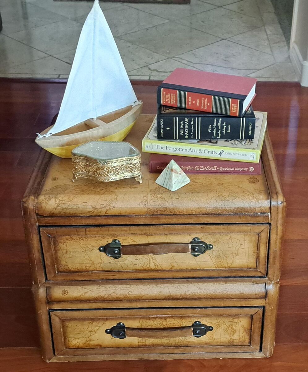 Leather-Clad World Map Campaign Style Drawer Chests End Table Night Stand