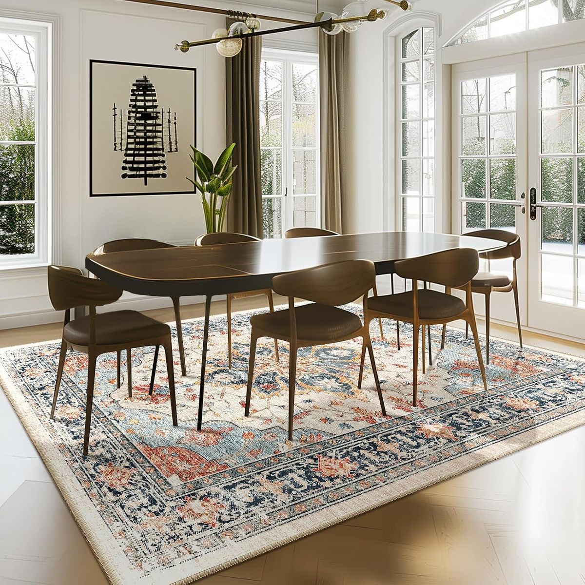 NEW Area Rugs 7'x9', Floral Vintage Distressed Medallion Carpet, Beige Navy Blue Orange Colorful